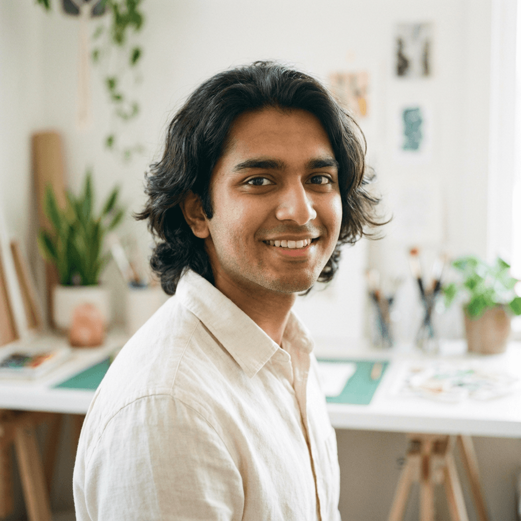 Sharaf Ali, a South Asian man in his early 30s, smiling casually in a residential setting