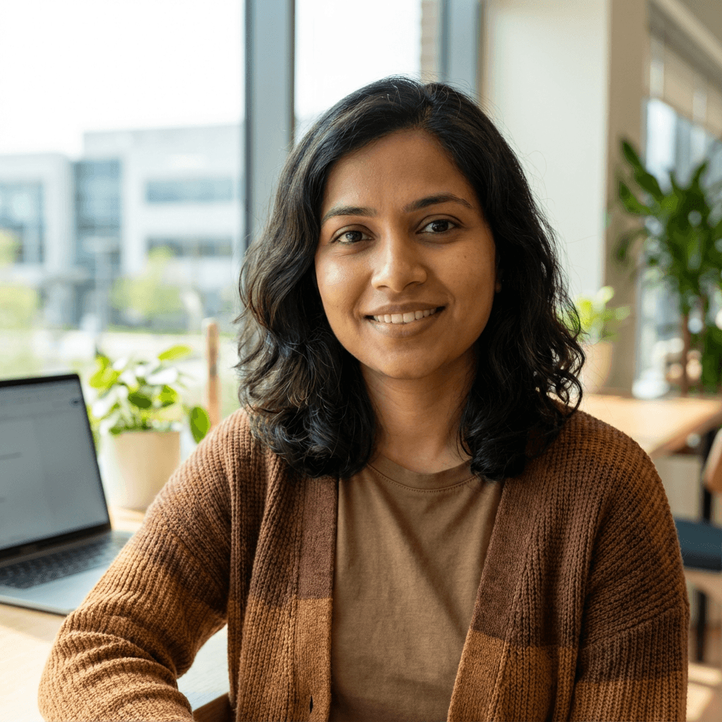Lekshmi Nair, a South Asian woman in her early 40s, standing in a sunlit outdoor area