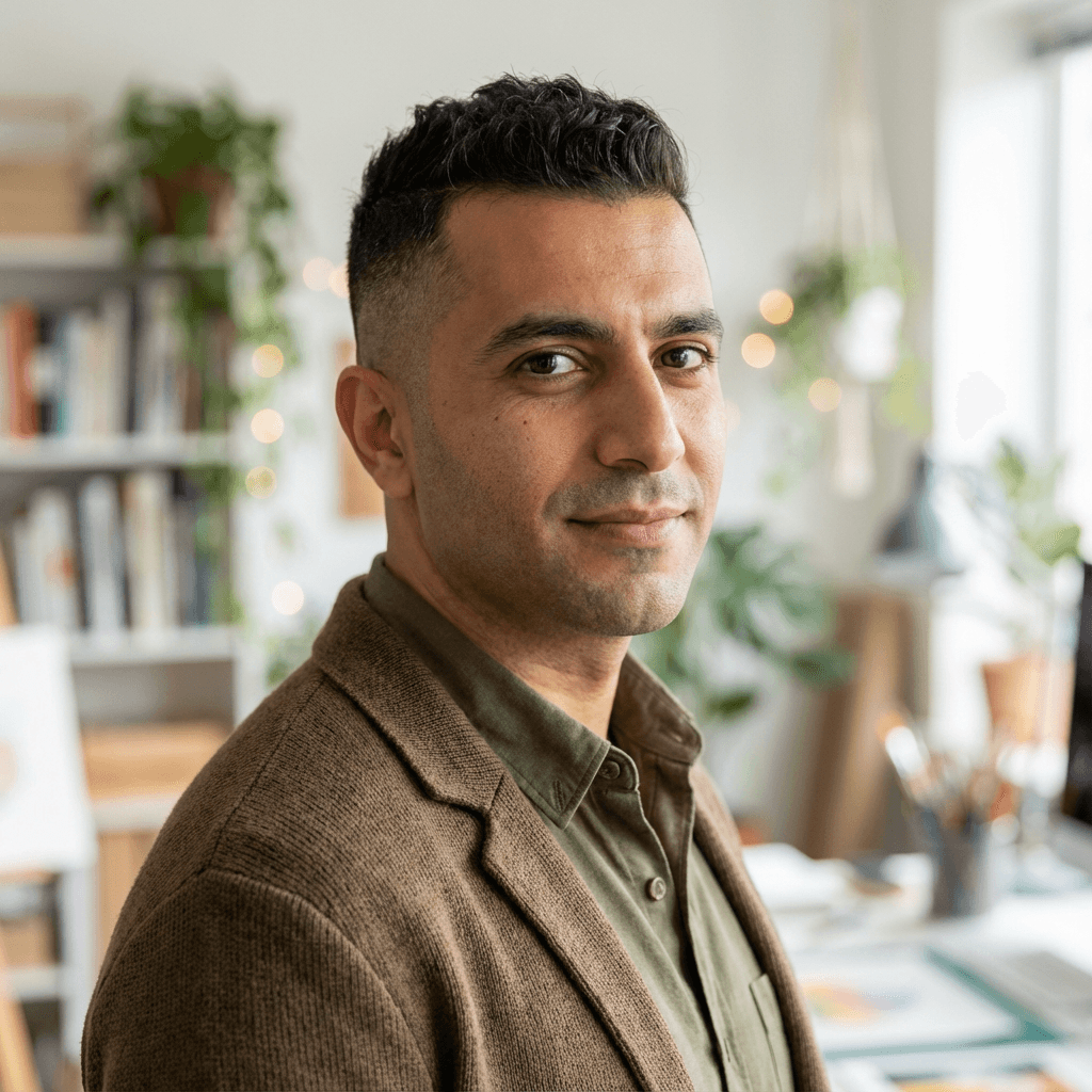 Deepak Kumar, a South Asian man in his late 30s, looking confident in a commercial setting