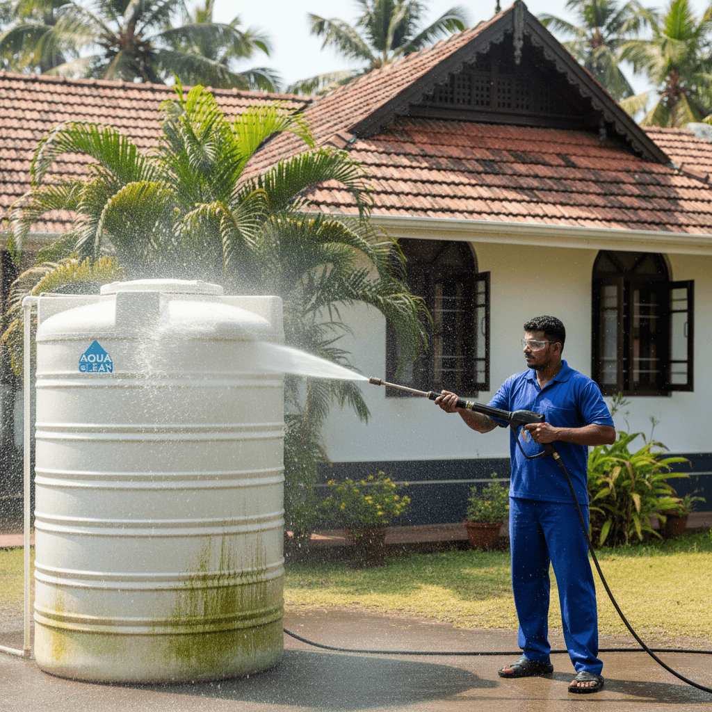 Professional cleaning a water tank with pressure washer outdoors