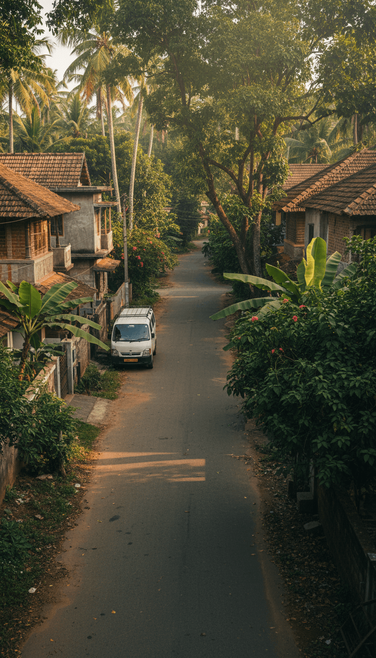 Residential street in Malappuram with a service vehicle parked outside a home