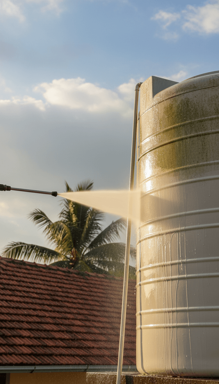 Close-up of a water tank being cleaned with a pressure washer