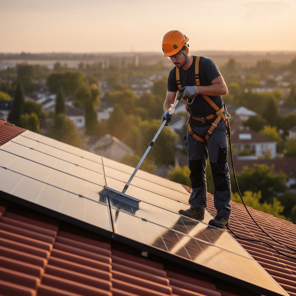 A worker cleaning solar panels on a roof with a long pole and soft brush