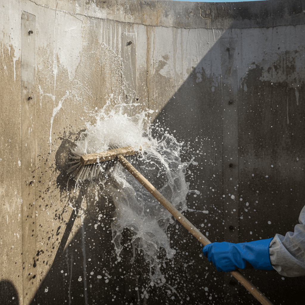Harsh direct flash close-up of a water tank interior being scrubbed with a long-handled brush, splash of water and cleaning solution visible, gritty texture of concrete or plastic walls, worker's gloved hand gripping the brush handle in frame