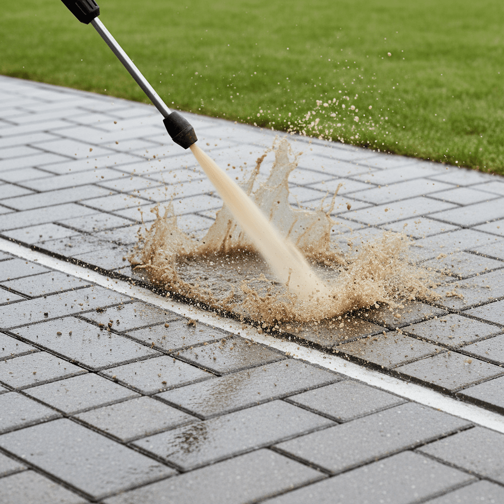 Editorial photography aesthetic, wide shot of a pressure washer spraying a stream of water between interlocking paver tiles, water and dirt splashing upward, clean contrasting surface visible behind the spray
