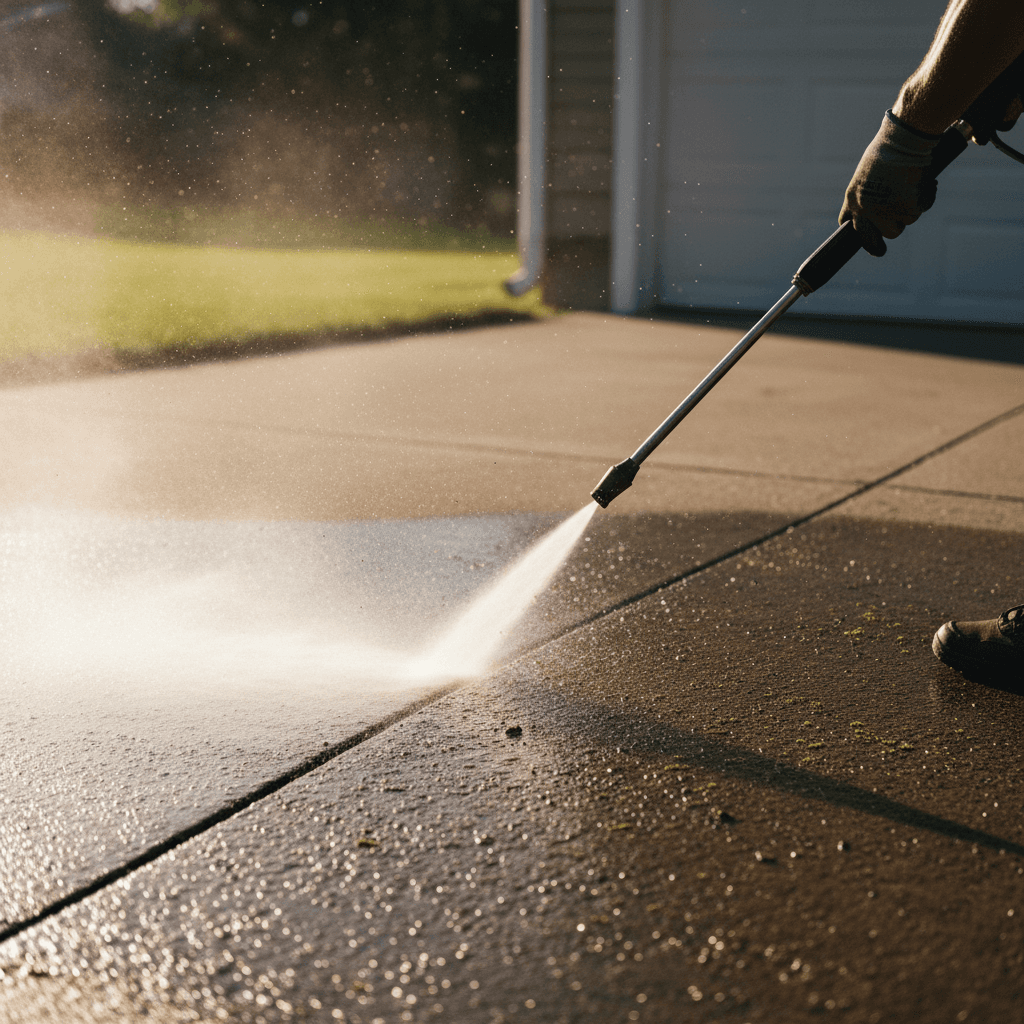 Pressure washing interlocking pavers, showing clean versus dirty surface