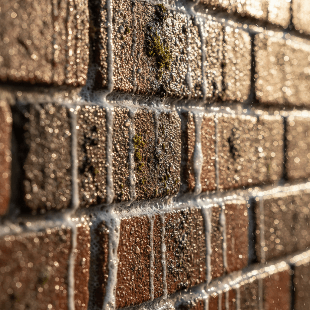 Close-up of a pressure washer cleaning interlock paving bricks