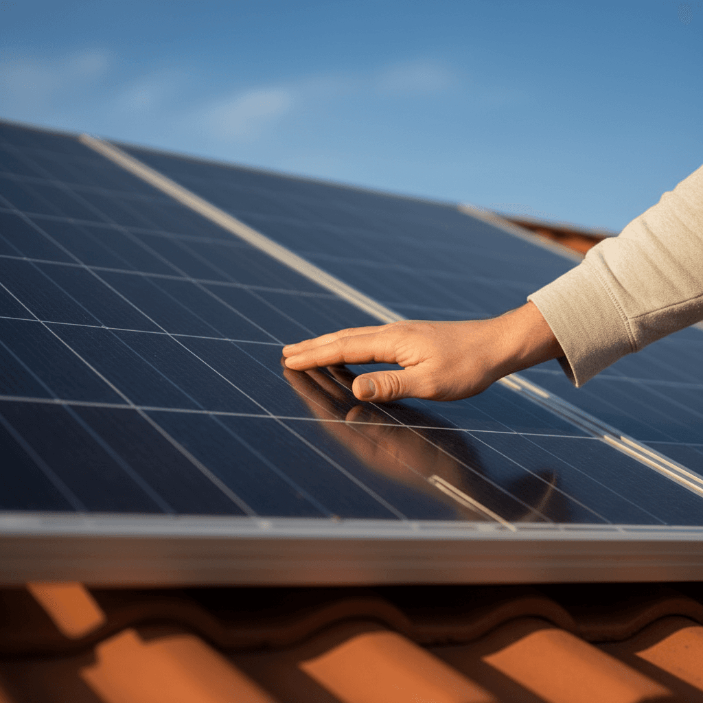 Close-up of a gloved hand cleaning a solar panel on a red tiled roof in Kerala