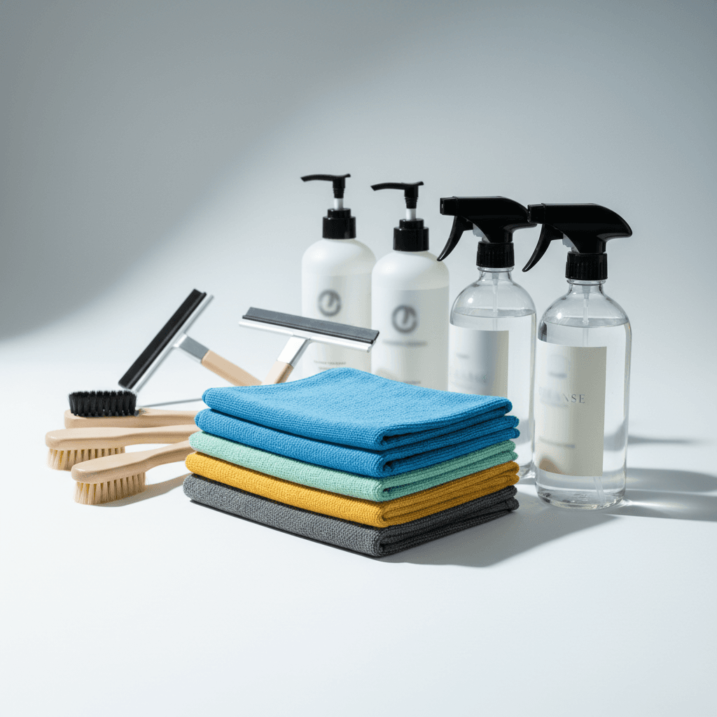 Overhead shot of professional cleaning equipment neatly arranged