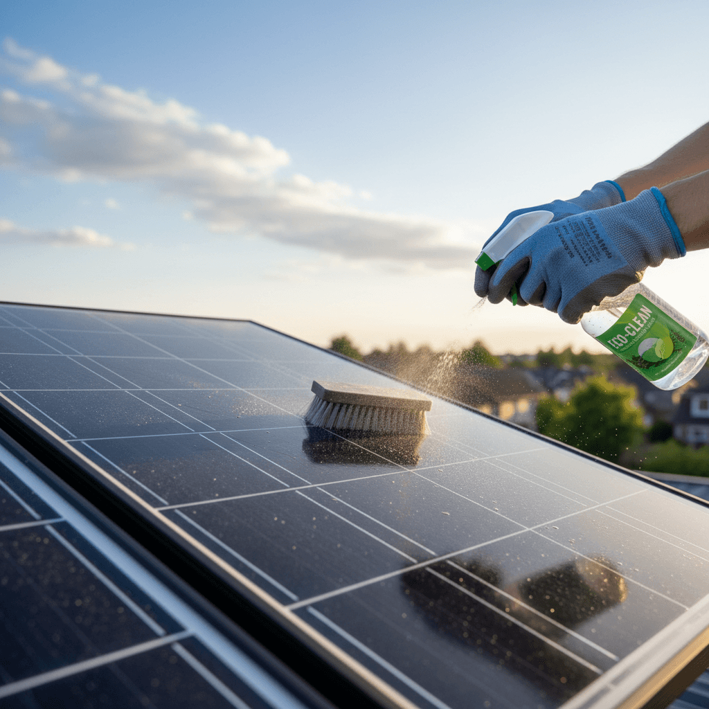 Technician cleaning a solar panel on a rooftop with a squeegee