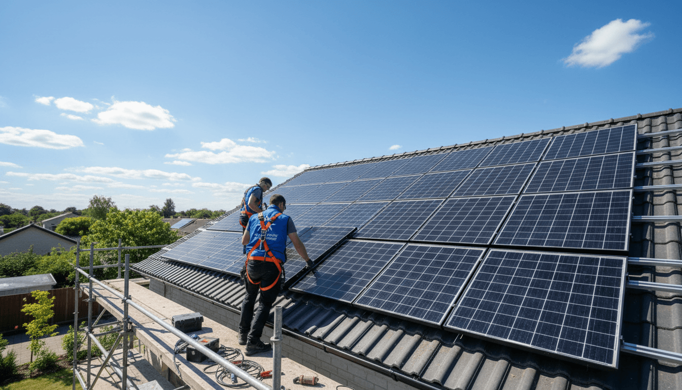 Worker climbing onto a roof for solar panel cleaning