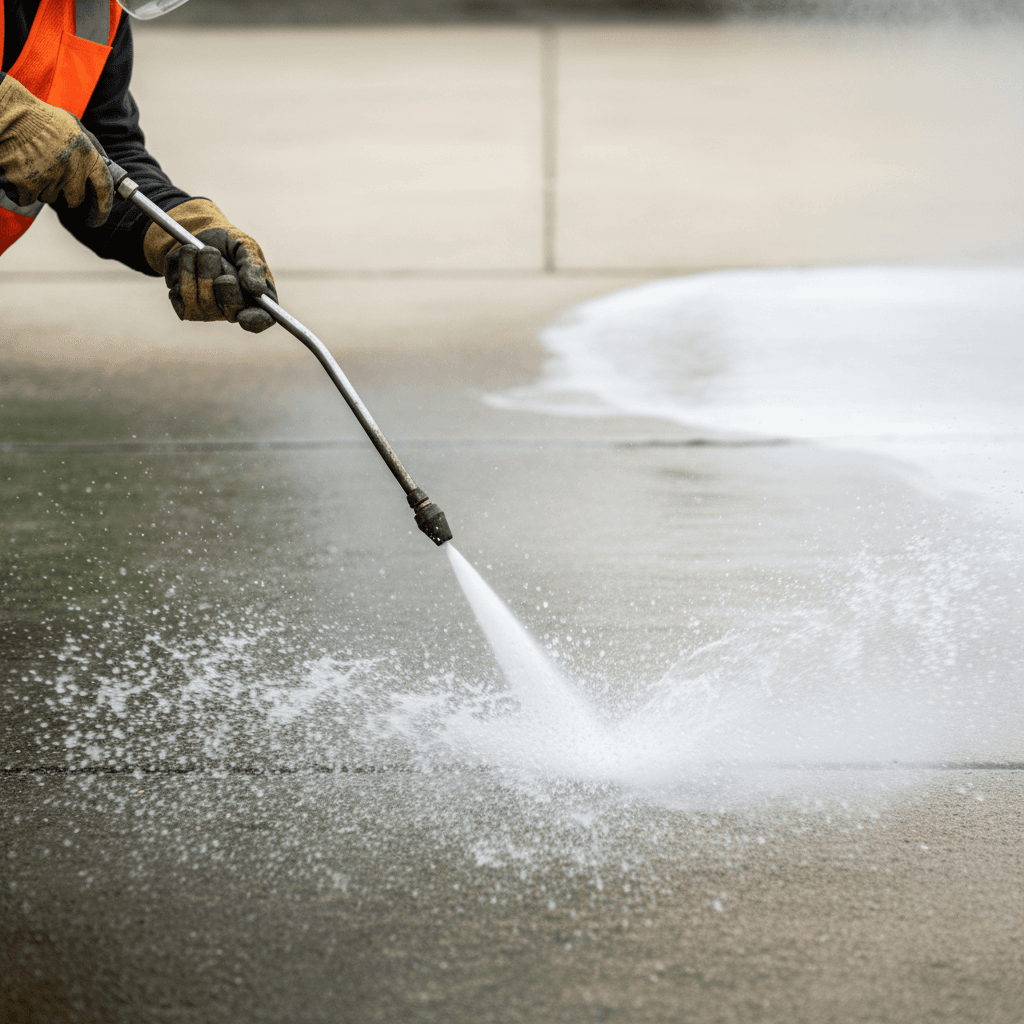 High-pressure washer cleaning interlock surface outdoors