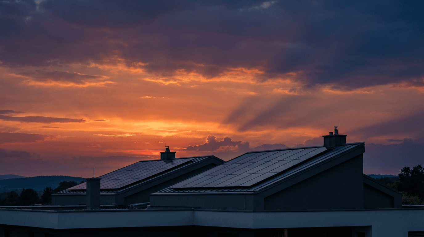 Worker rinsing solar panels on a rooftop with a hose