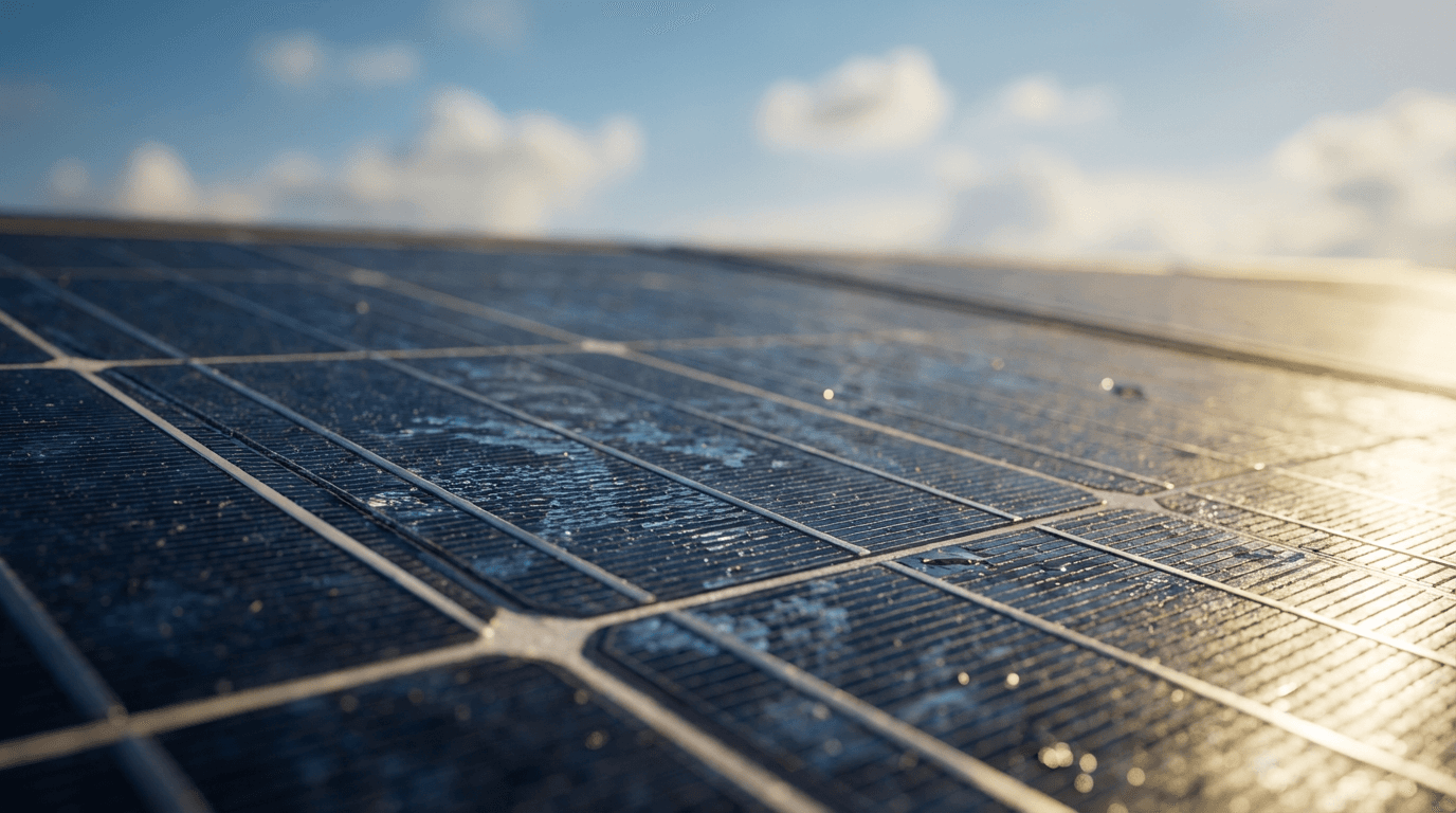 Clean solar panel reflecting trees on a rooftop