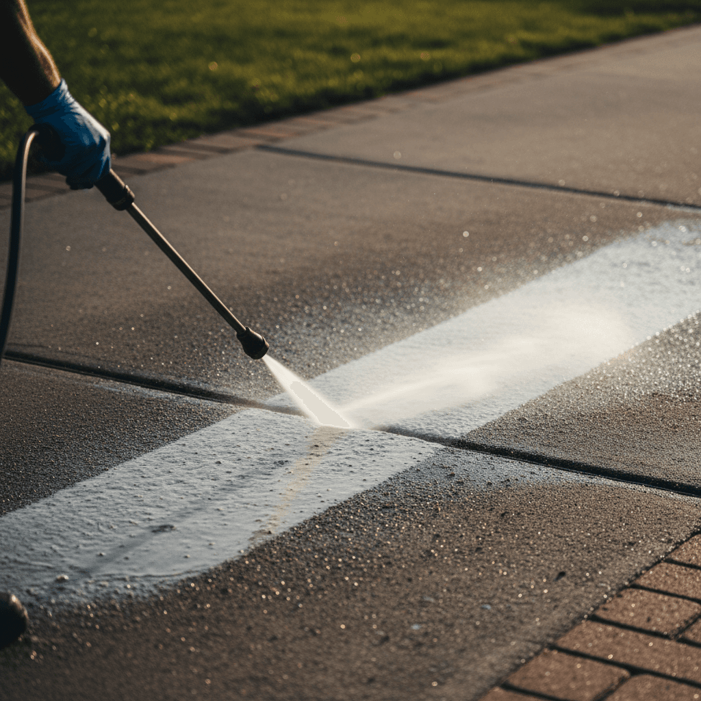 Close-up of high-pressure water spray cleaning a water tank surface