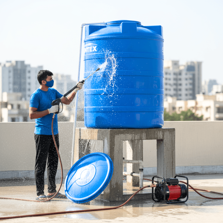 Man wearing a mask pressure washing a large blue water tank on a sunny rooftop.